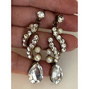 Vintage Clear Crystal Faux Pearl Statement 2.5" Drop Dangle Pierced Earrings EUC